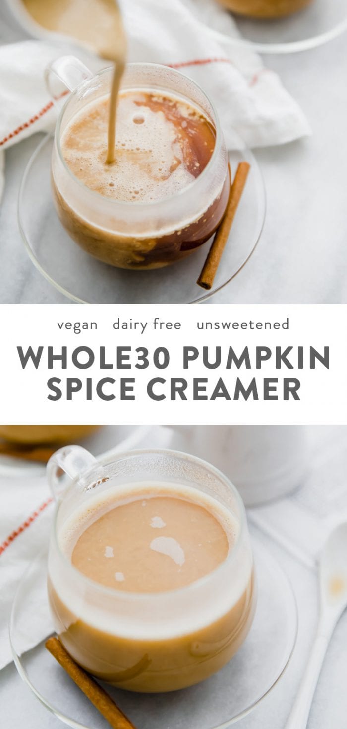 Healthy paleo pumpkin spice creamer being poured into a cup of coffee.