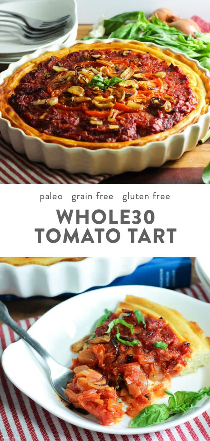 Whole30 Tomato Tart in a white tart dish, and a slice of grain free tomato tart on a white plate.