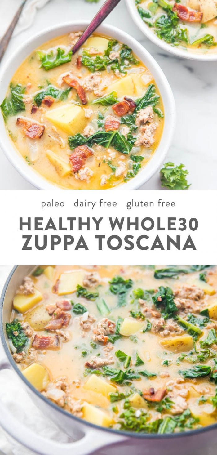 A large pot of Whole30 healthy zuppa toscana recipe