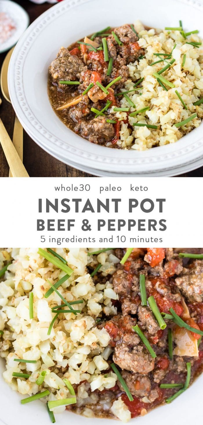 A white bowl of instant pot beef with peppers over cauliflower rice.