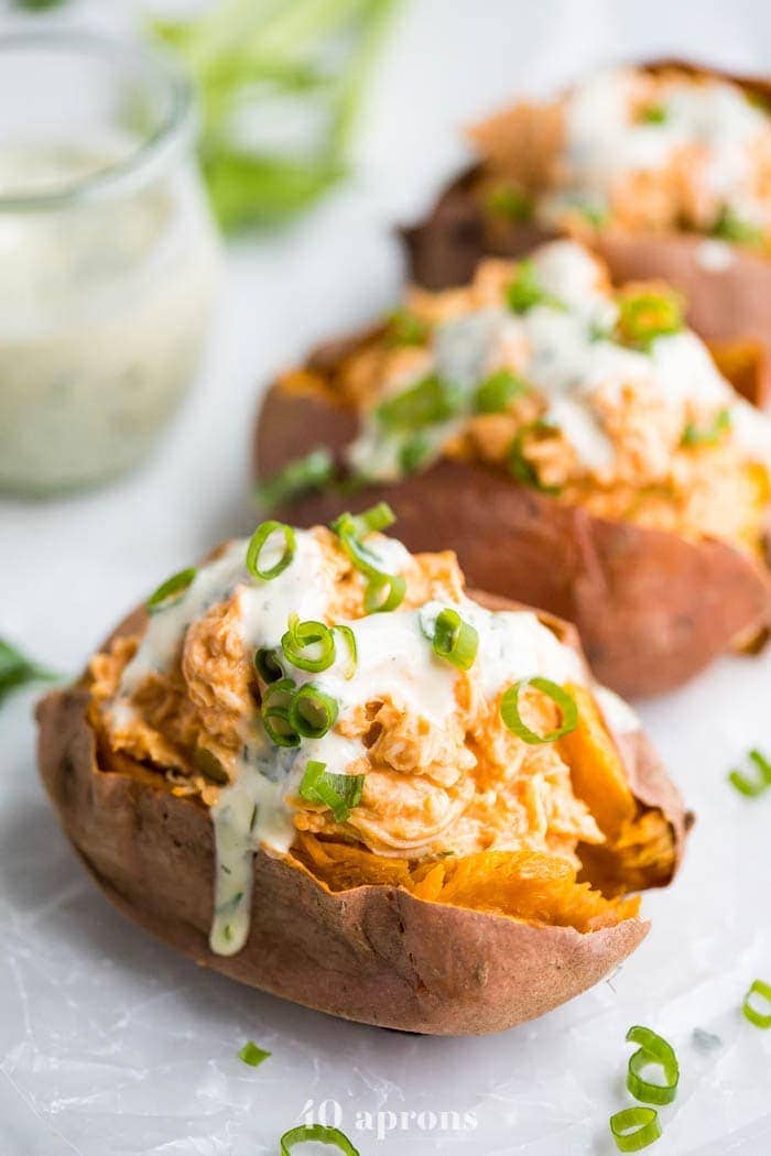 Healthy Buffalo Chicken Stuffed Sweet Potatoes 