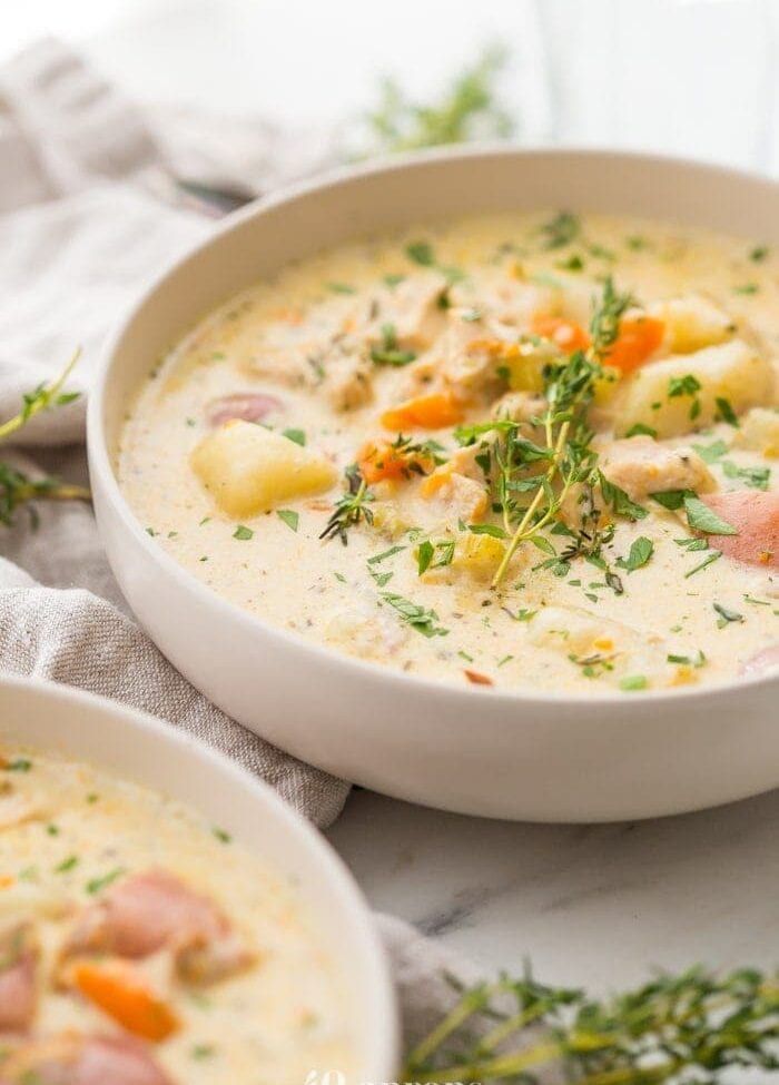 Instant Pot healthy chicken pot pie in a bowl garnished with parsley