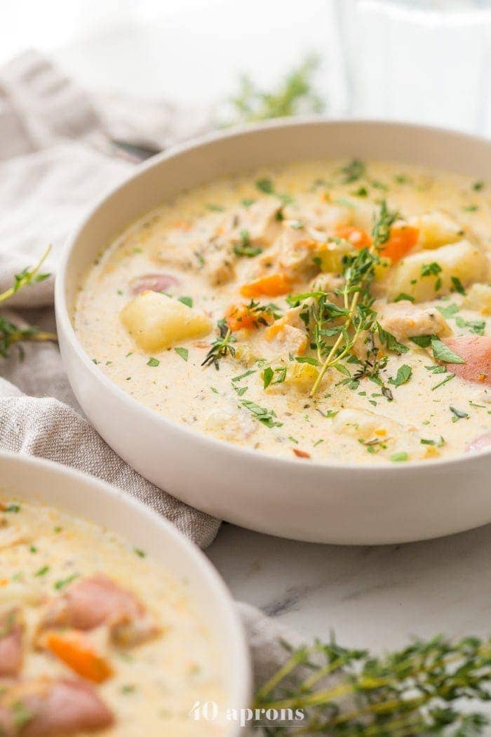 Instant Pot healthy chicken pot pie in a bowl garnished with parsley
