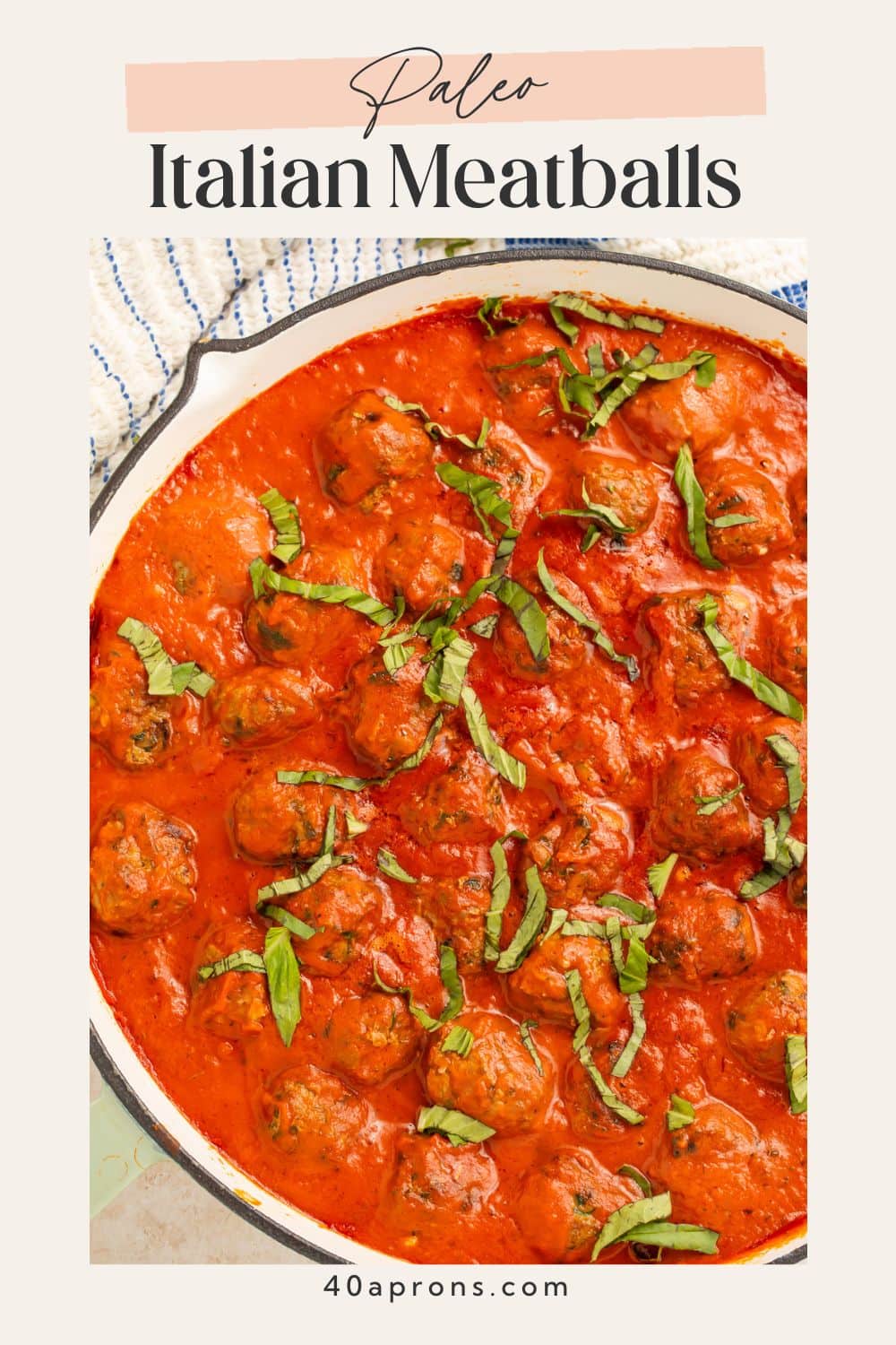 Vertical Pinterest pin showing two photos of Italian meatballs in red sauce with Paleo Italian Meatballs text in center.