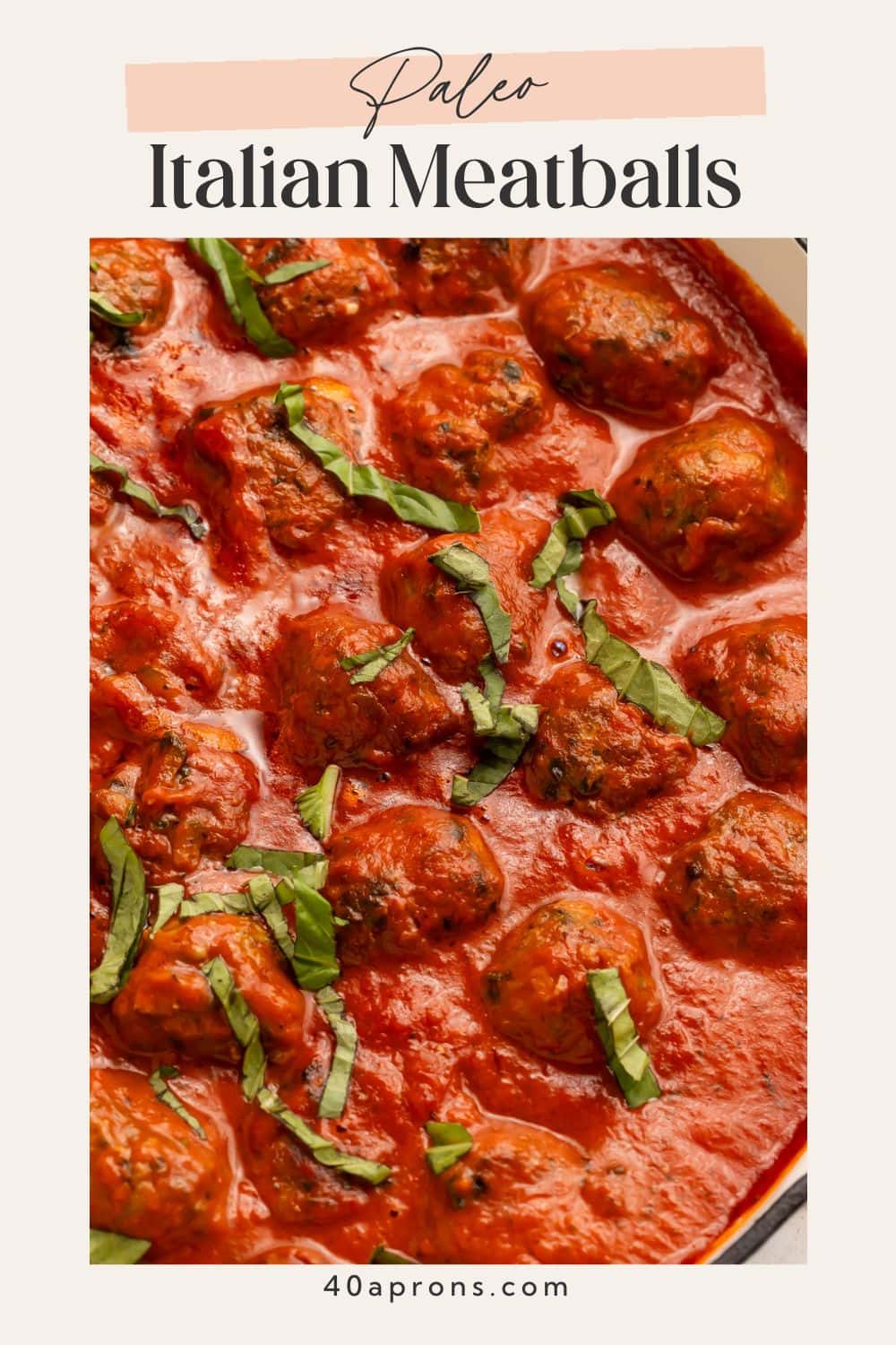 Pinterest pin showing close-up of Italian meatballs in creamy red sauce with Paleo Italian Meatballs text.