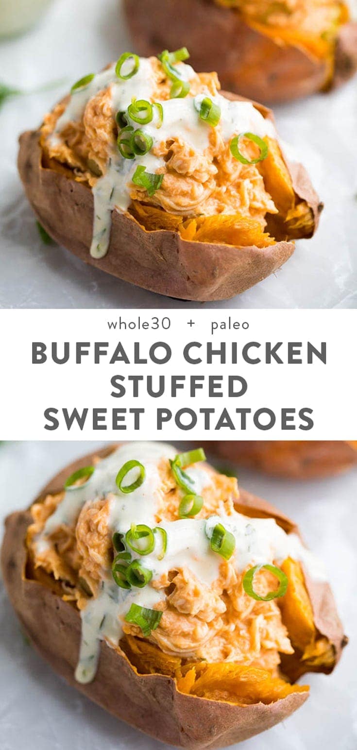 Healthy Buffalo Chicken Stuffed Sweet Potatoes (Whole30) - 40 Aprons