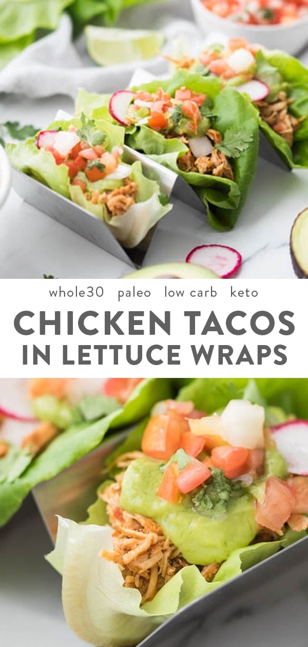 Chicken tacos in lettuce wraps (Whole30, paleo, low carb, keto) Pinterest image