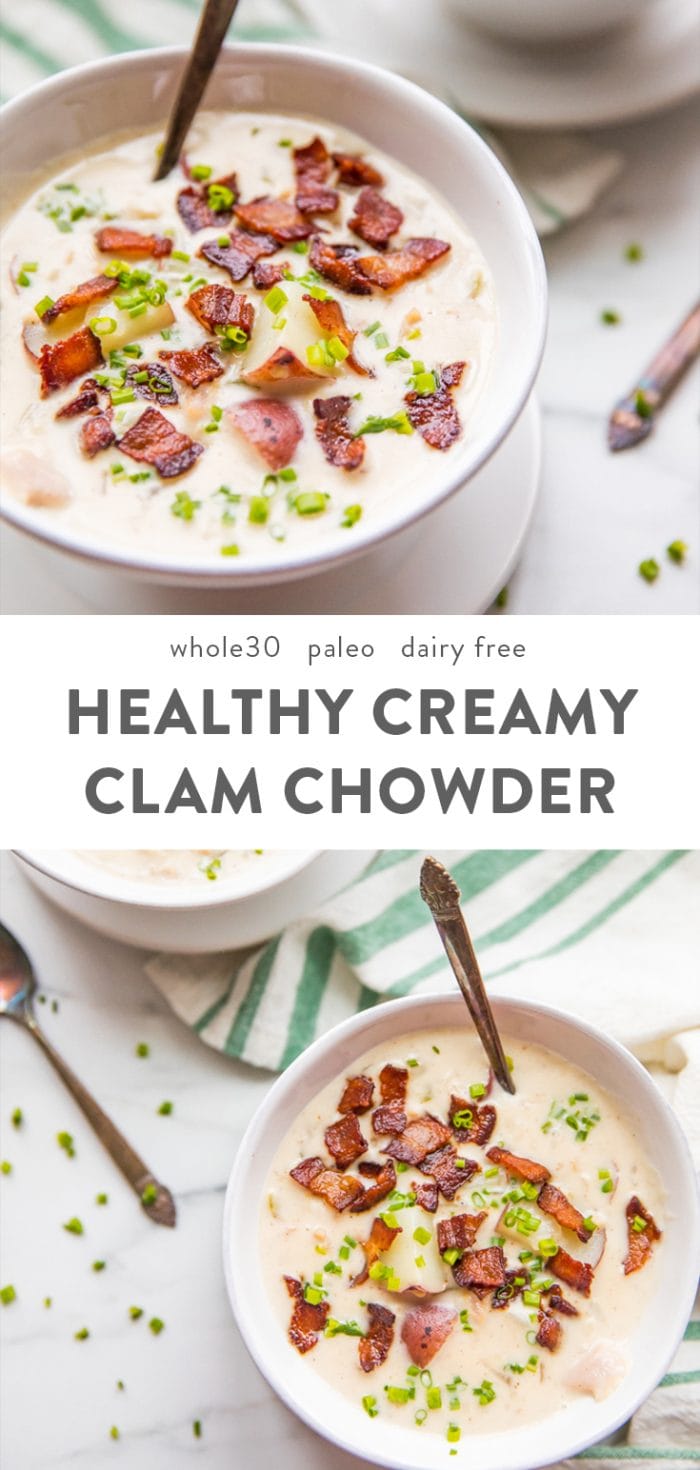 Healthy Creamy Clam Chowder (Whole30, Paleo, Dairy Free) Pinterest image