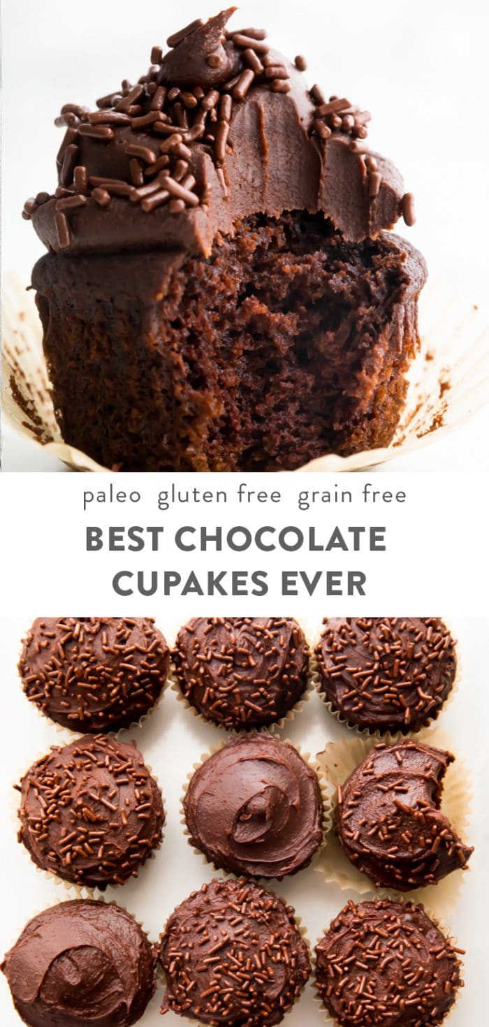 Best Chocolate Paleo Cupcakes Ever with Dark Chocolate Frosting (Gluten Free, Dairy Free) Pinterest image