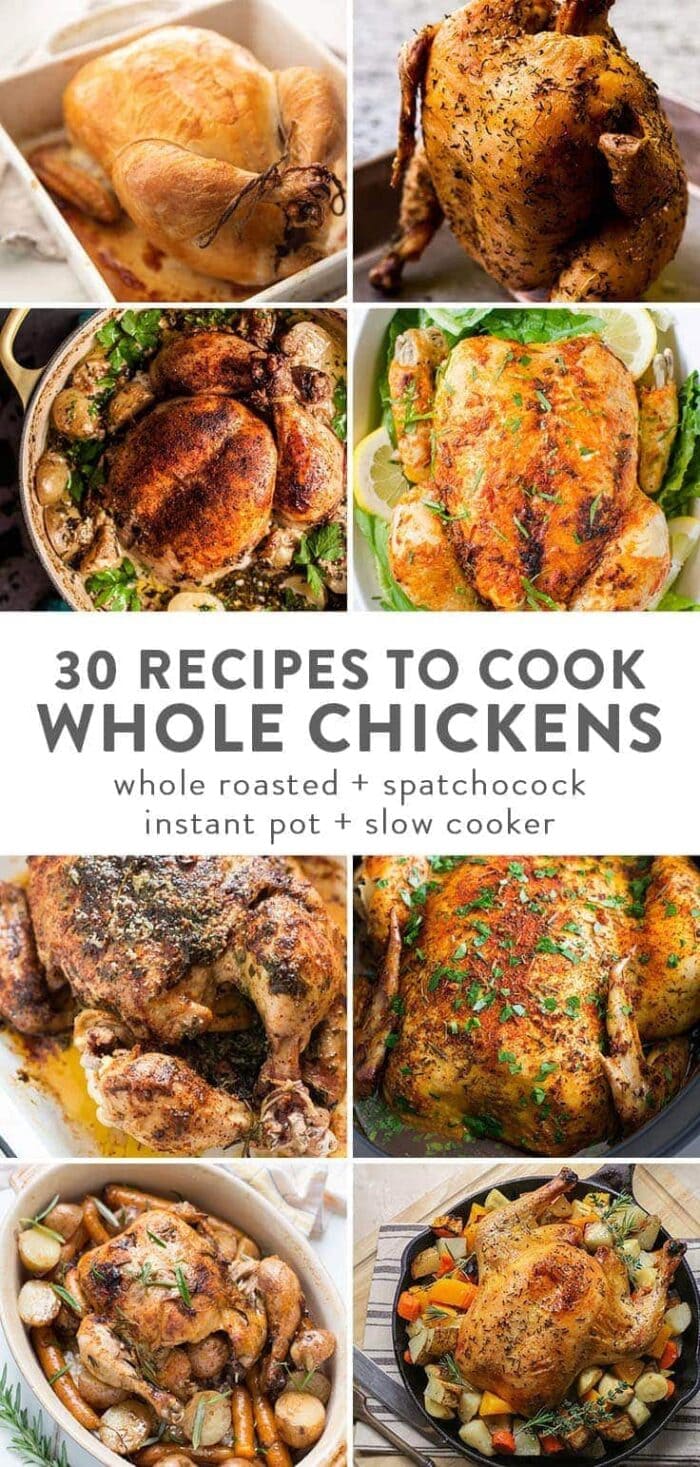 A grid of images showing multiple recipes for how to cook a whole chicken.