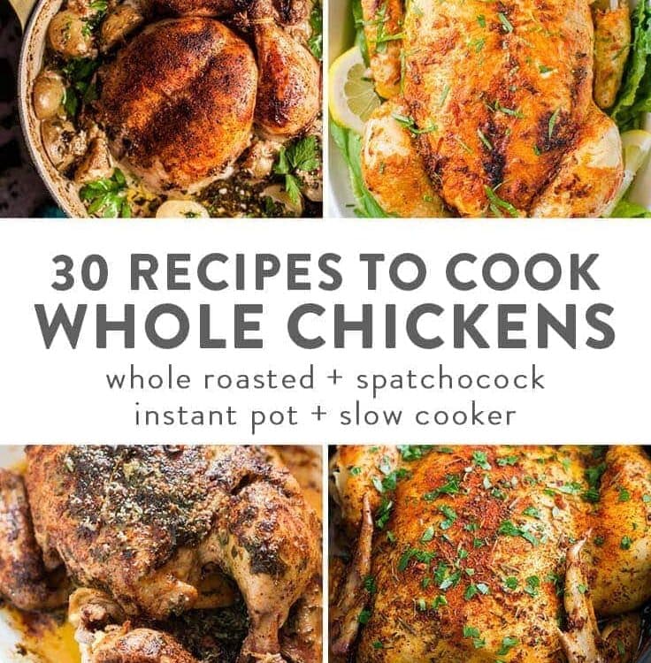 A grid of images showing multiple recipes for how to cook a whole chicken.