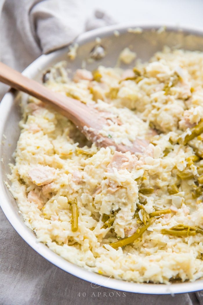 Fold in asparagus and chicken into the Whole30 cauliflower risotto