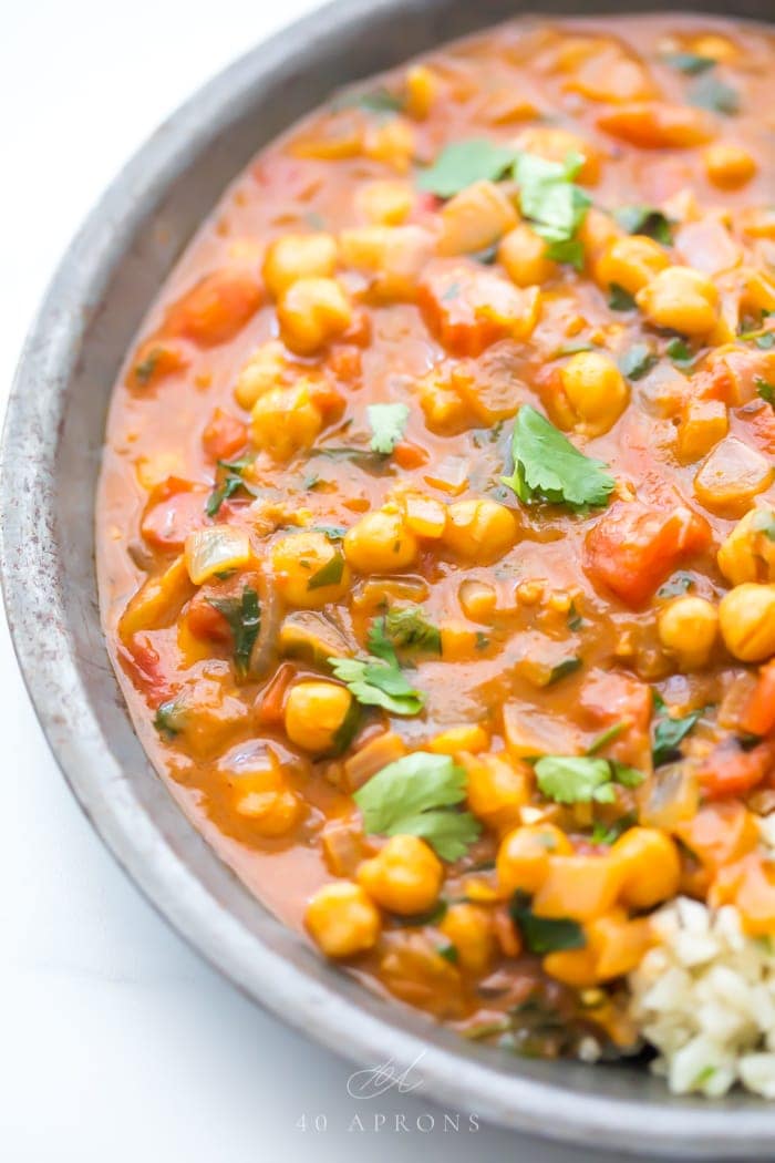 Close up of creamy vegan coconut chickpea curry