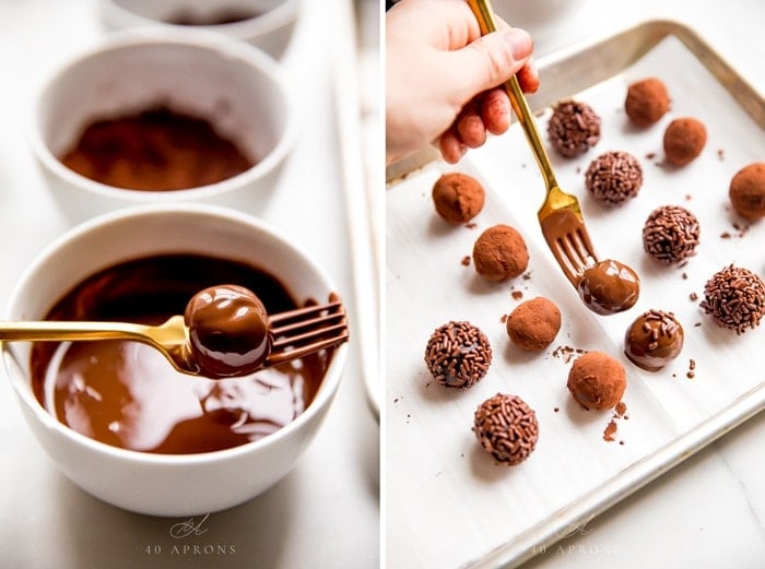 Dip truffles in chocolate then slide off a fork onto a baking sheet