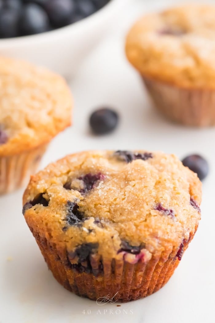 A paleo blueberry muffin in front of other muffins and a bowl of blueberries