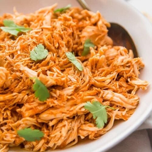 Shredded Mexican chicken in a white bowl