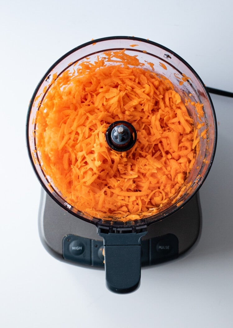 Carrots shredded in a food processor