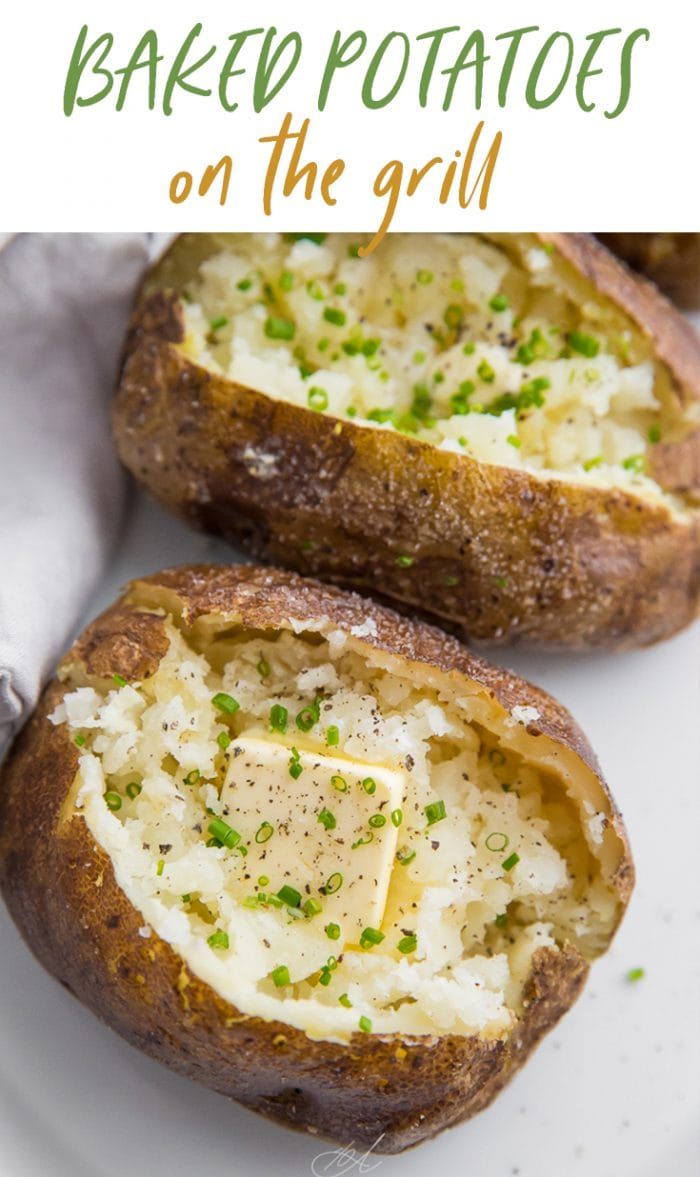 Baked potatoes on the grill Pinterest graphic
