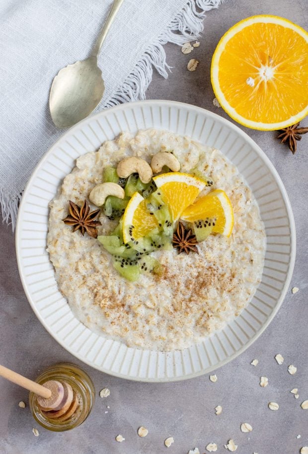 overhead shot of a bowl of morning oats as an example for vegan protein sources