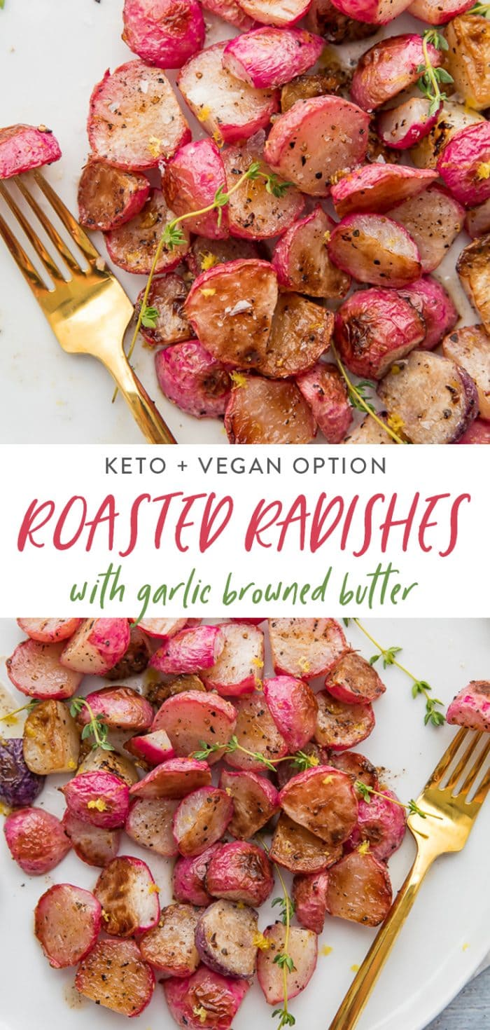 Roasted radishes with browned butter Pinterest graphic