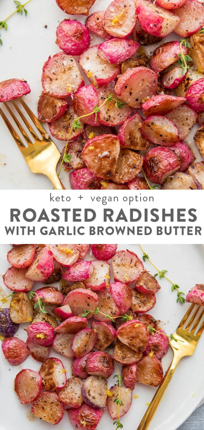 Roasted radishes with browned butter Pinterest graphic
