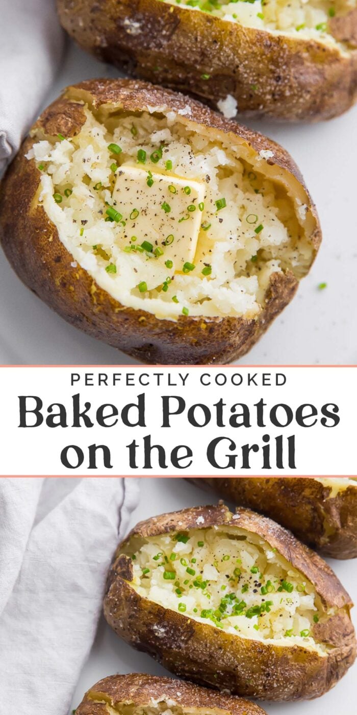 Pin graphic for baked potatoes on the grill.