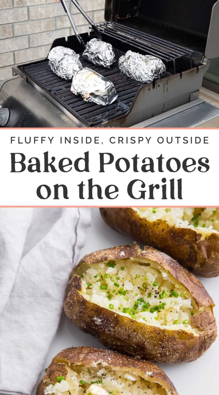 Pin graphic for baked potatoes on the grill.