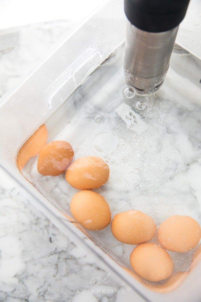 Eggs in a sous vide water bath with Anova cooker