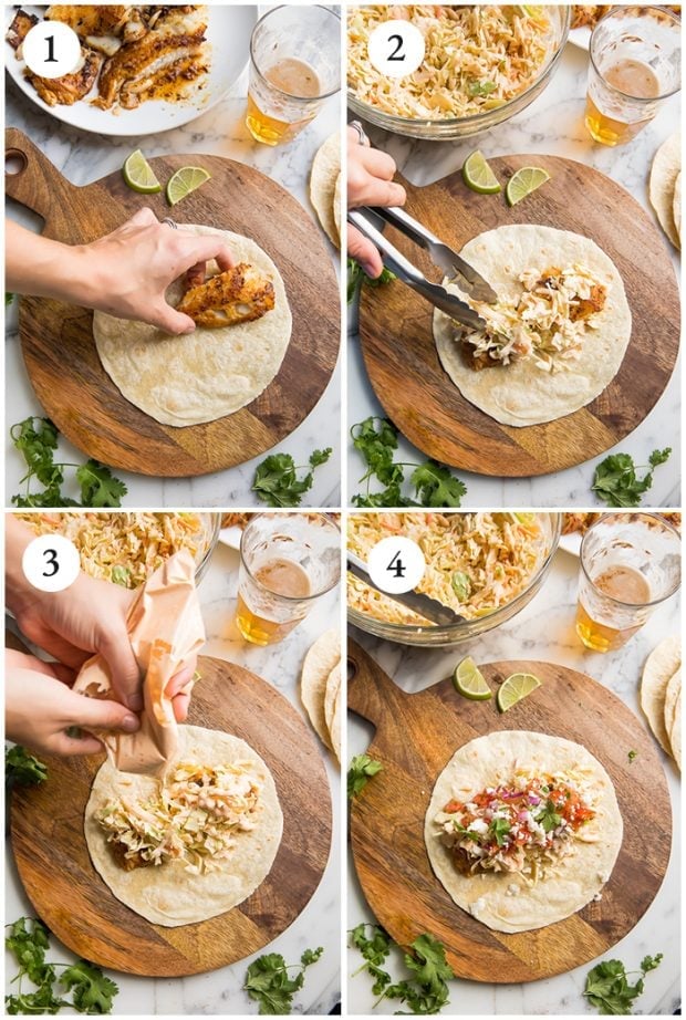 Process shots of assembling an easy fish taco
