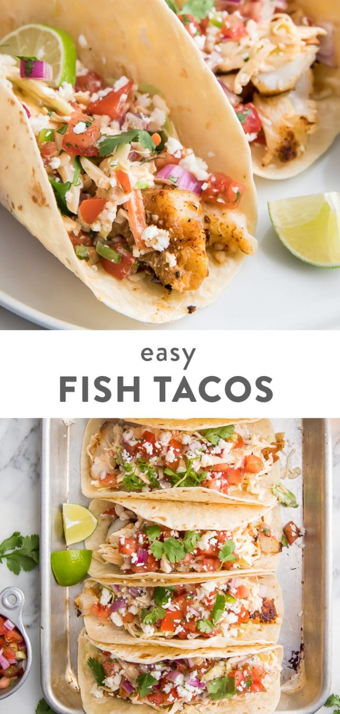Pinterest collage, two images of easy fish tacos separated by text