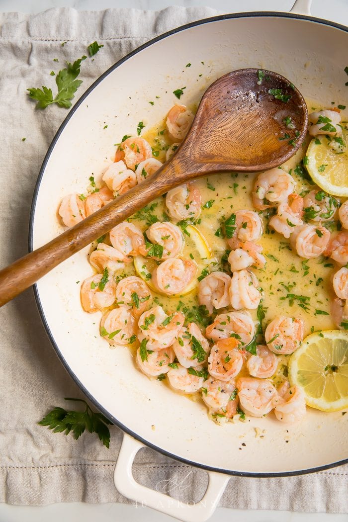 A skillet of lemon garlic shrimp