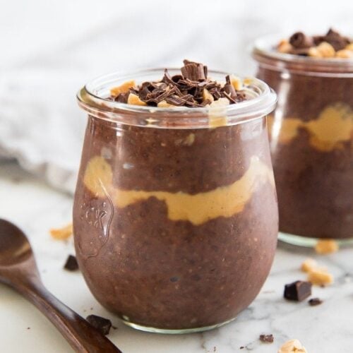 Peanut butter chocolate chia pudding in a glass jar