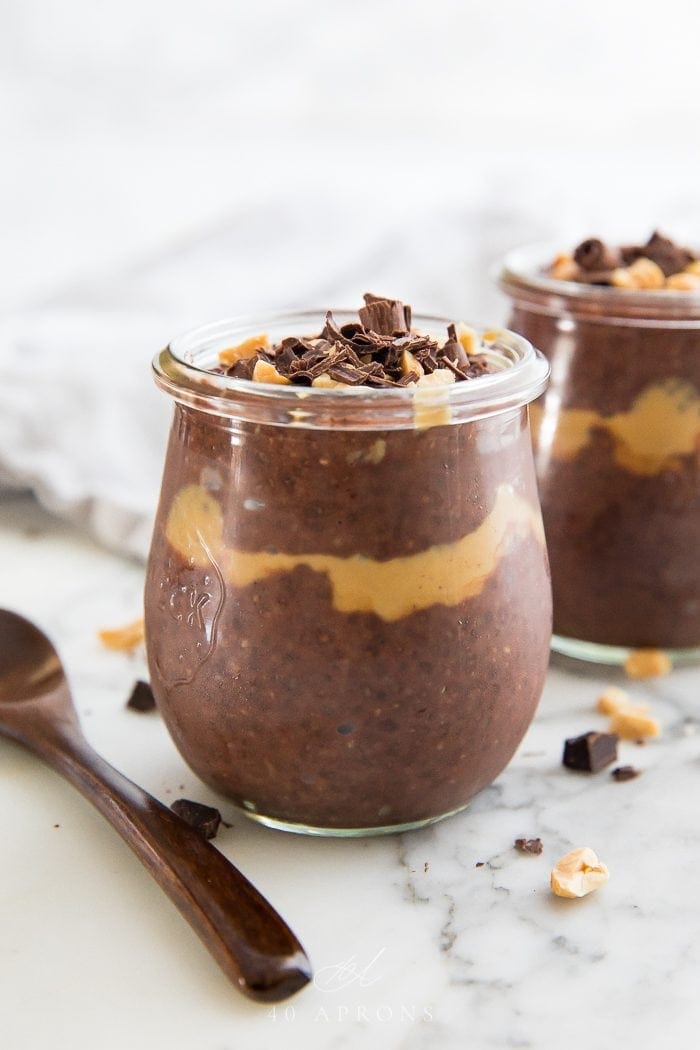 Peanut butter chocolate chia pudding in a glass jar