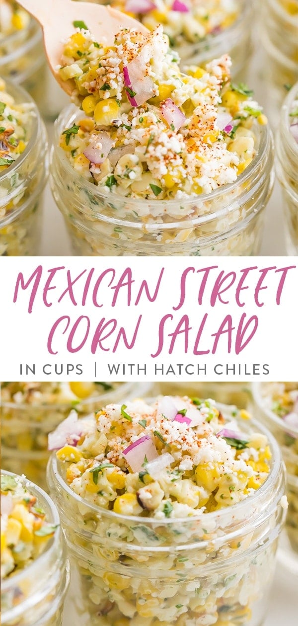 Mexican Street Corn Salad in cups with Hatch chiles Pinterest graphic