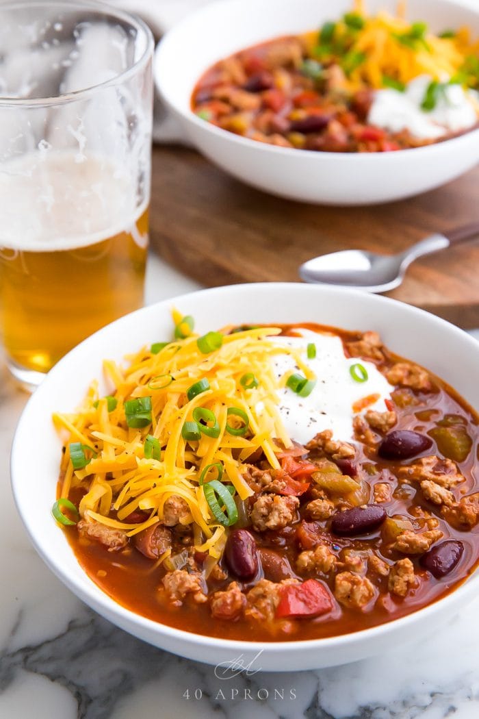 Two bowls of slow cooker turkey chili