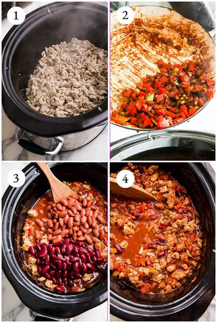 Four process shots of how to make the recipe in the slow cooker