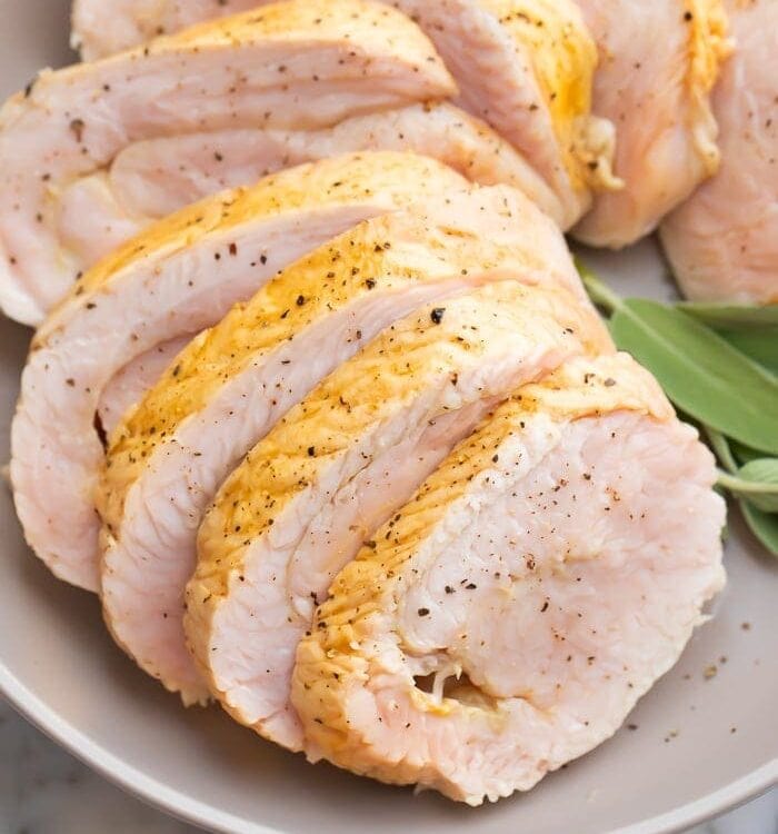 Close up of sliced sous vide turkey breast