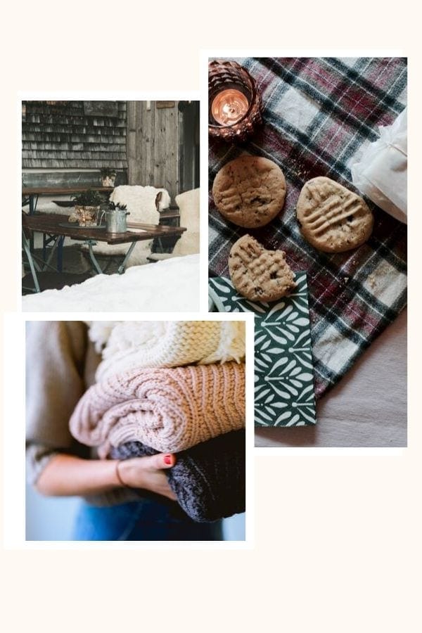 a photo collage depicting various examples of the Danish concept hygge like woven blankets, fur chairs and homemade cookies