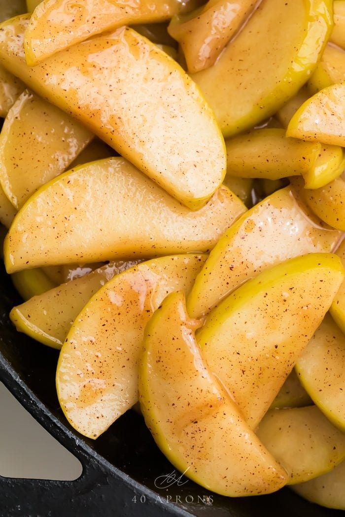 Close up of apples in a skillet