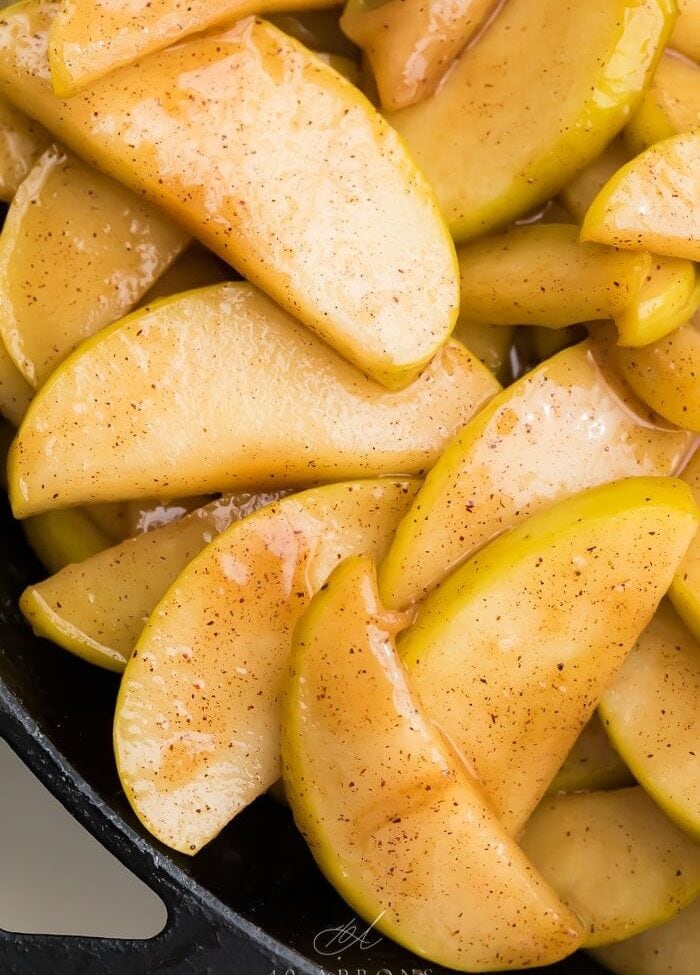 Close up of fried apples in a skillet
