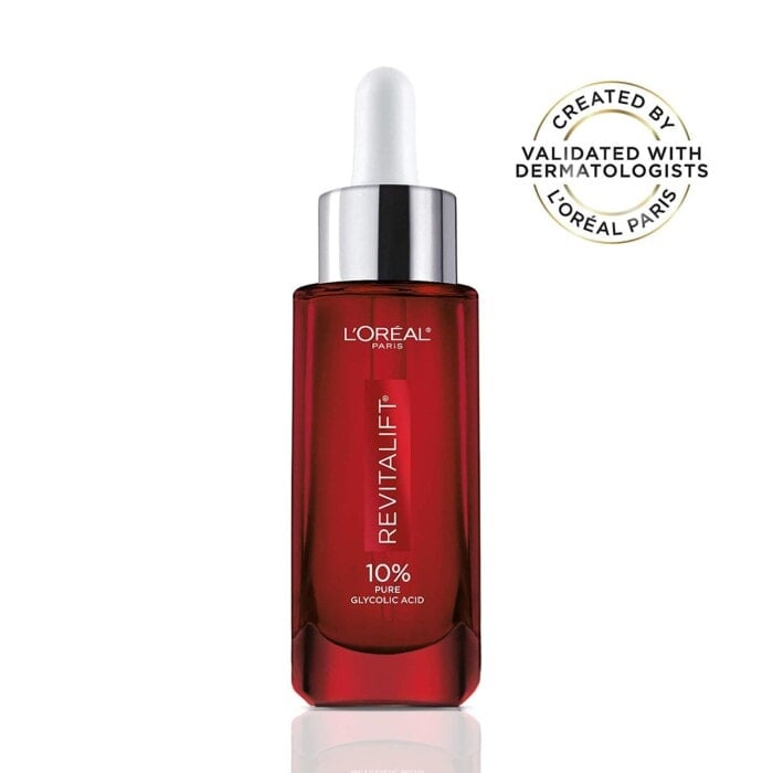 a small red bottle with Loreal glycolic acid serum against a white background