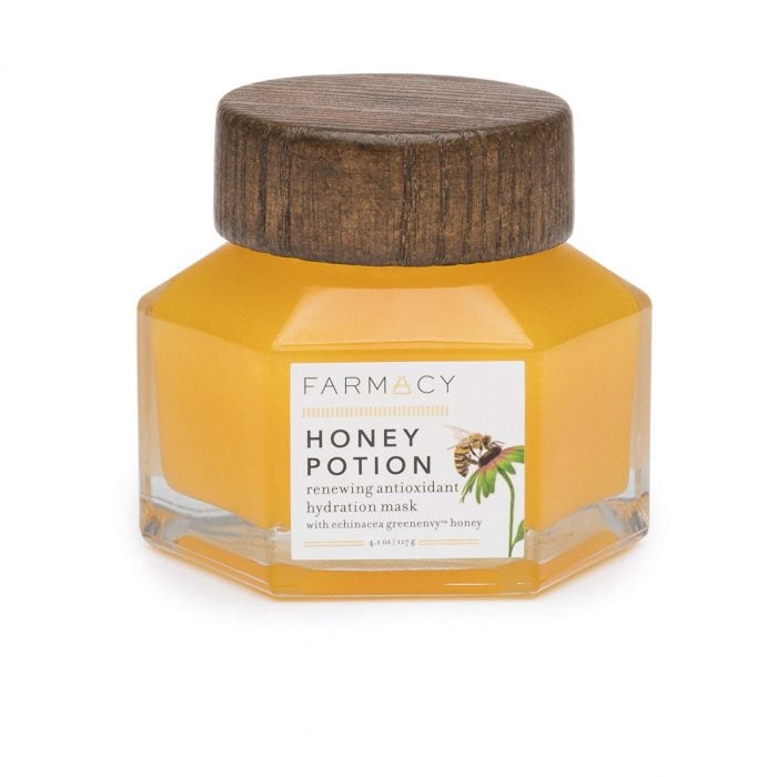 a small glass jar of Farmacy Honey Potion Hydrating Face Mask for winter skincare