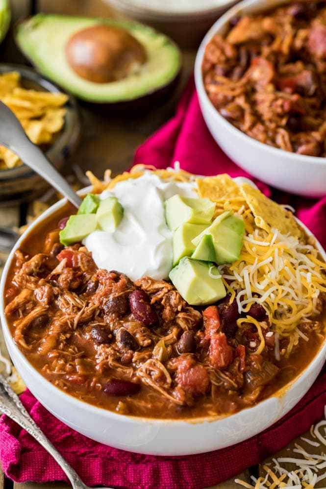Thanksgiving leftover turkey chili served in a bowl with toppings