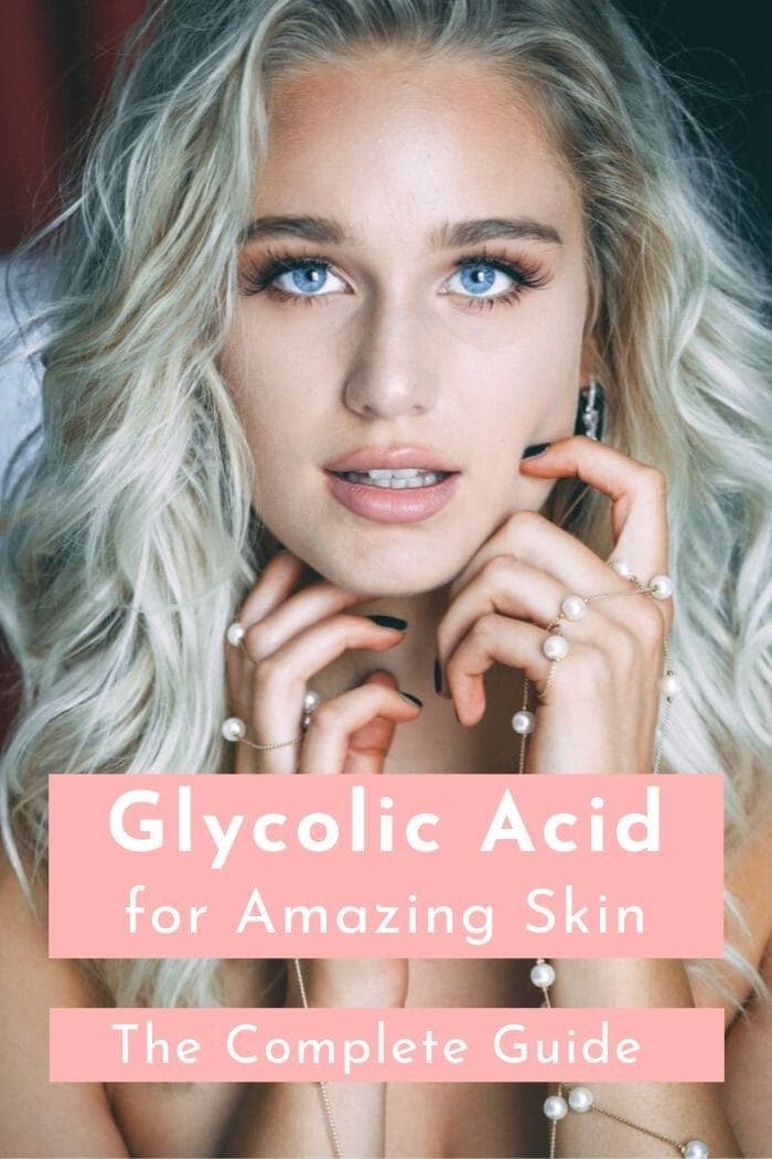 post graphic for article about glycolic acid depicting a blond woman with very clear skin and a text overlay saying "glycolic acid for amazing skin - the ultimate guide"