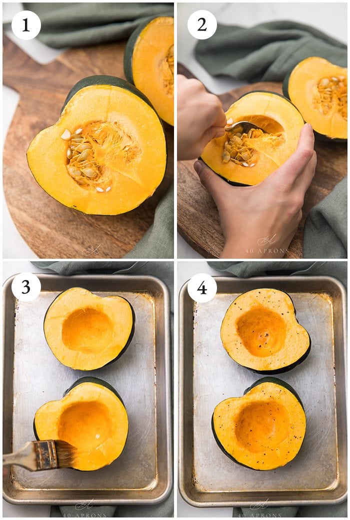 Four process shots to show how to cook acorn squash