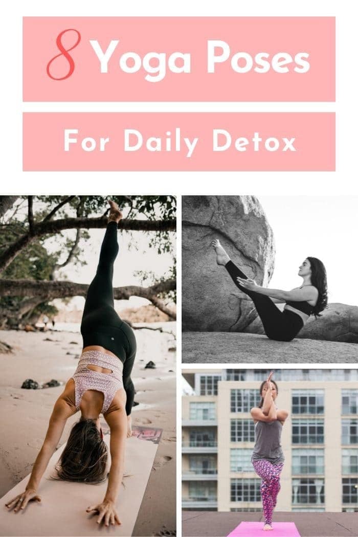 a picture collage demonstrating various detoxifying yoga poses 
