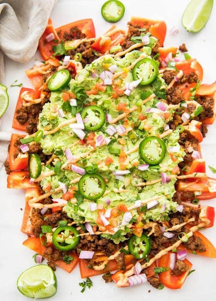 Top shot of bell pepper nachos ready to eat