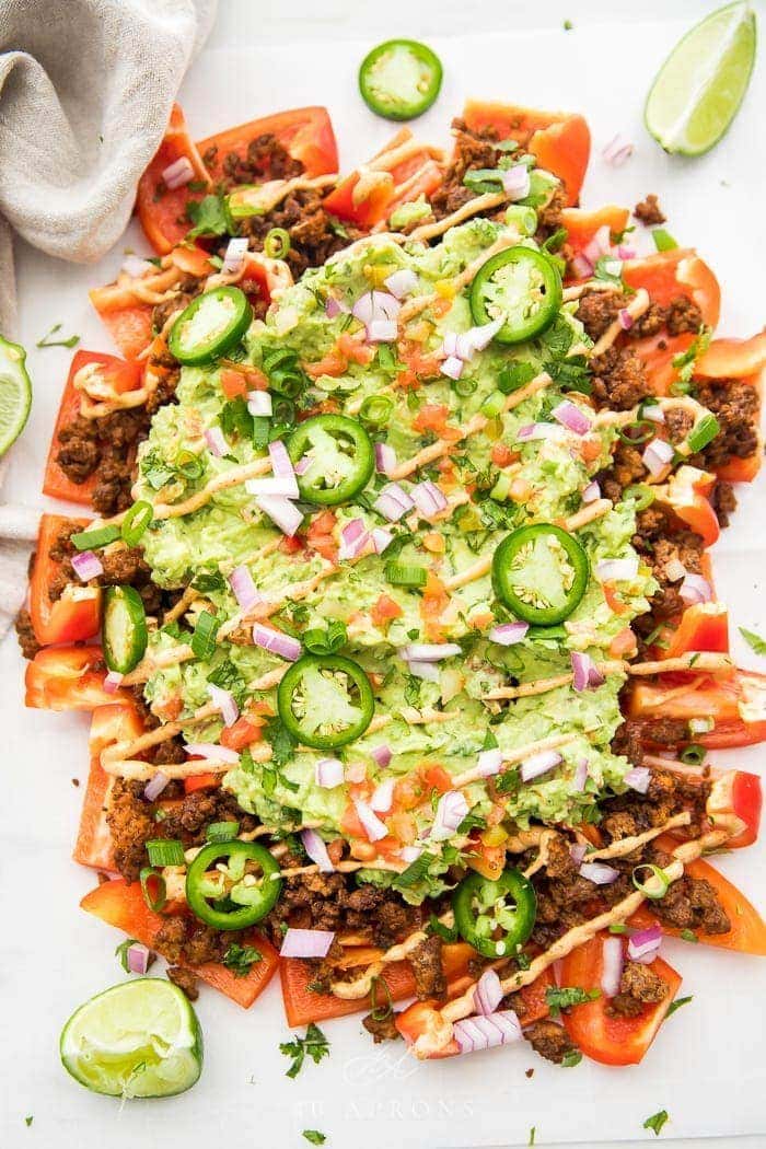 Top shot of bell pepper nachos ready to eat