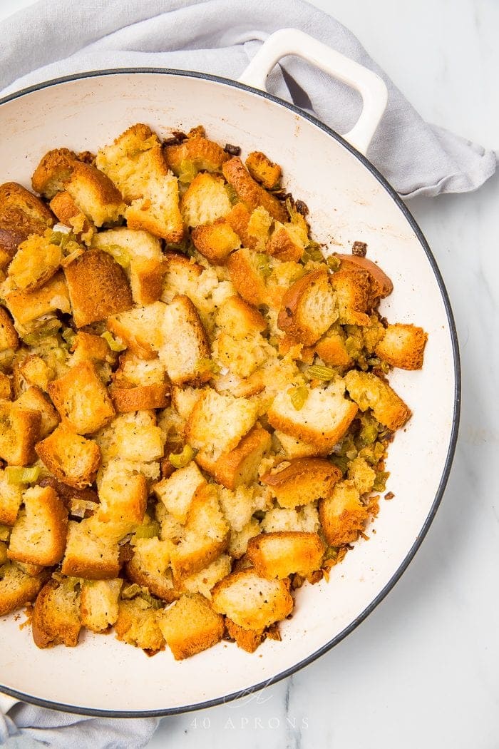 Gluten free bread stuffing on a white plate