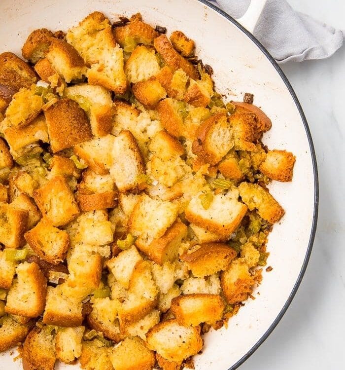 Gluten free bred stuffing on a white plate
